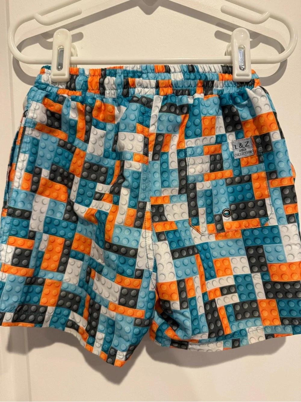 Kids Blue & Orange Swim Trunks with Block Print